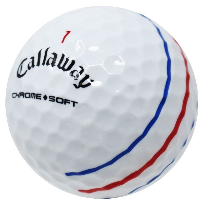 Callaway Chrome Soft golf ball with red and blue design on a white background