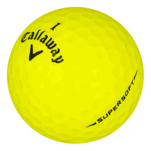 Yellow golf ball with Callaway logo and 'Supersoft' text on a white background