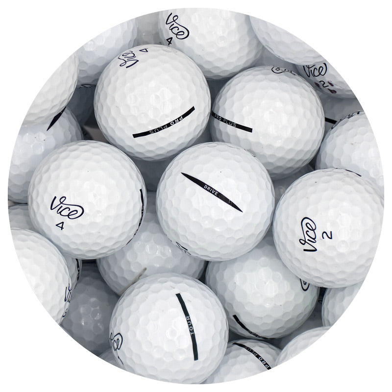 Pack of white golf balls with 'Vice' branding on a white background