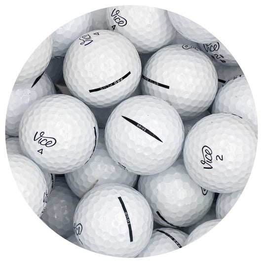 Pack of white golf balls with 'Vice' branding on a white background